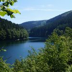 <p>Blick auf einen ruhigen, von Wäldern umgebenen See unter klarem, blauem Himmel in einer hügeligen Landschaft.</p>