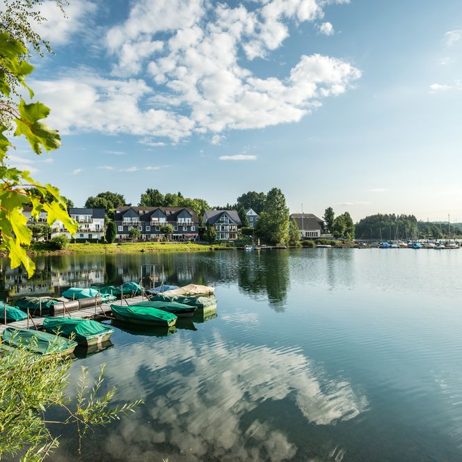 Ein idyllischer See mit Booten im Vordergrund und malerischen Häusern am Ufer, spiegelnde Wasserfläche.