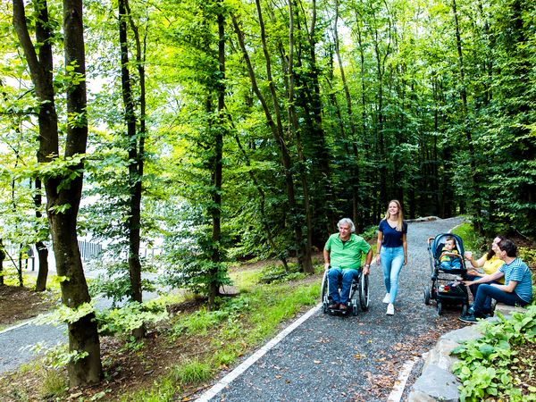 Ein älterer Mann im Rollstuhl und eine Frau spazieren einen Waldweg entlang, gefolgt von einer Mutter mit Kinderwagen.