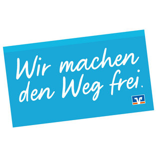 Blaues Post-it mit dem weißen Schriftzug "Wir machen den Weg frei." und einem kleinen Logo der VR-Banken.