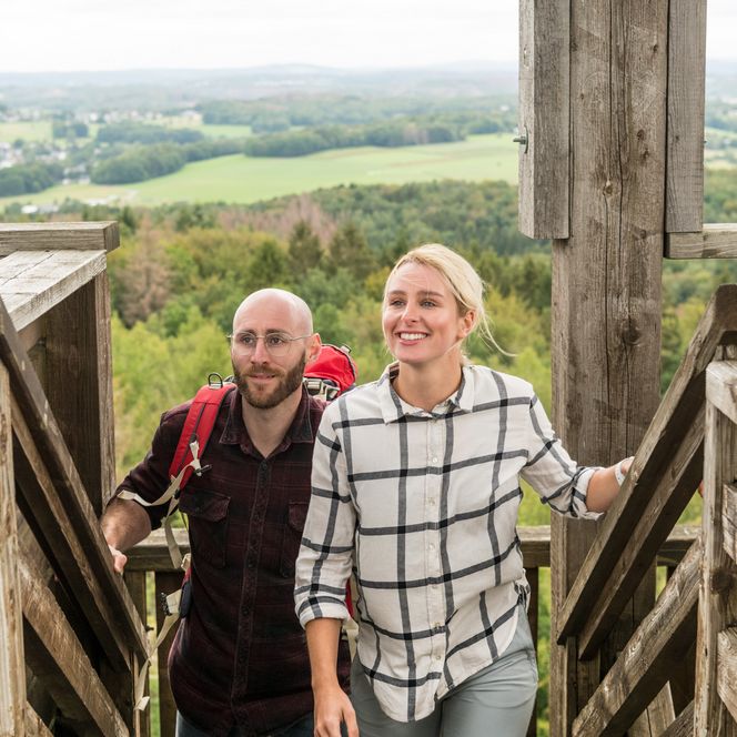 Zwei Menschen steigen eine hölzerne Treppe hinauf, im Hintergrund eine weite, grüne Landschaft.