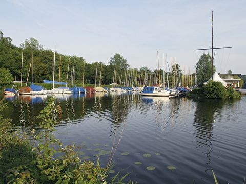 Blick auf einen See mit Sträuchern im Vordergrund und Segelnooten an einem Steg. 