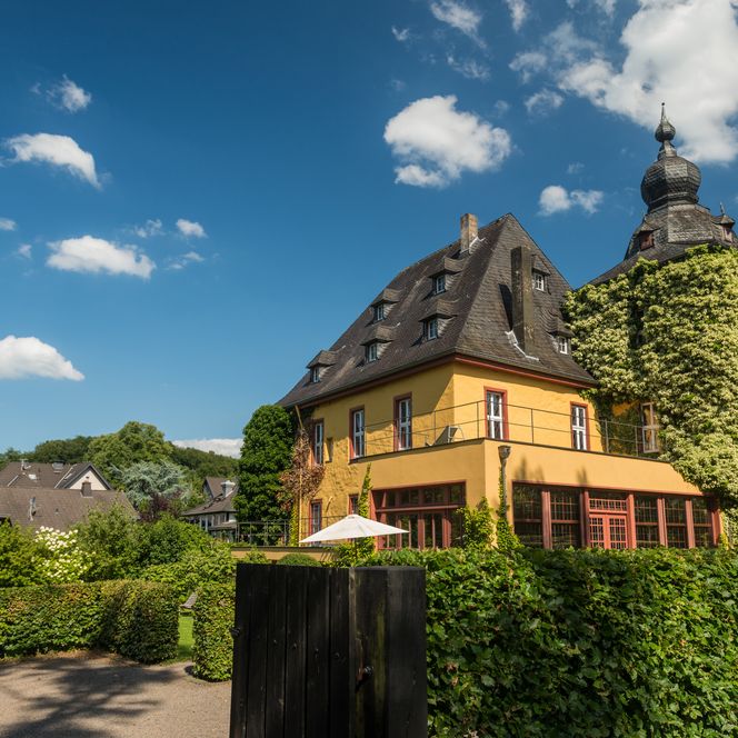 Gelbes, historisches Haus mit Türmchen, umgeben von grüner Landschaft unter blauem Himmel.