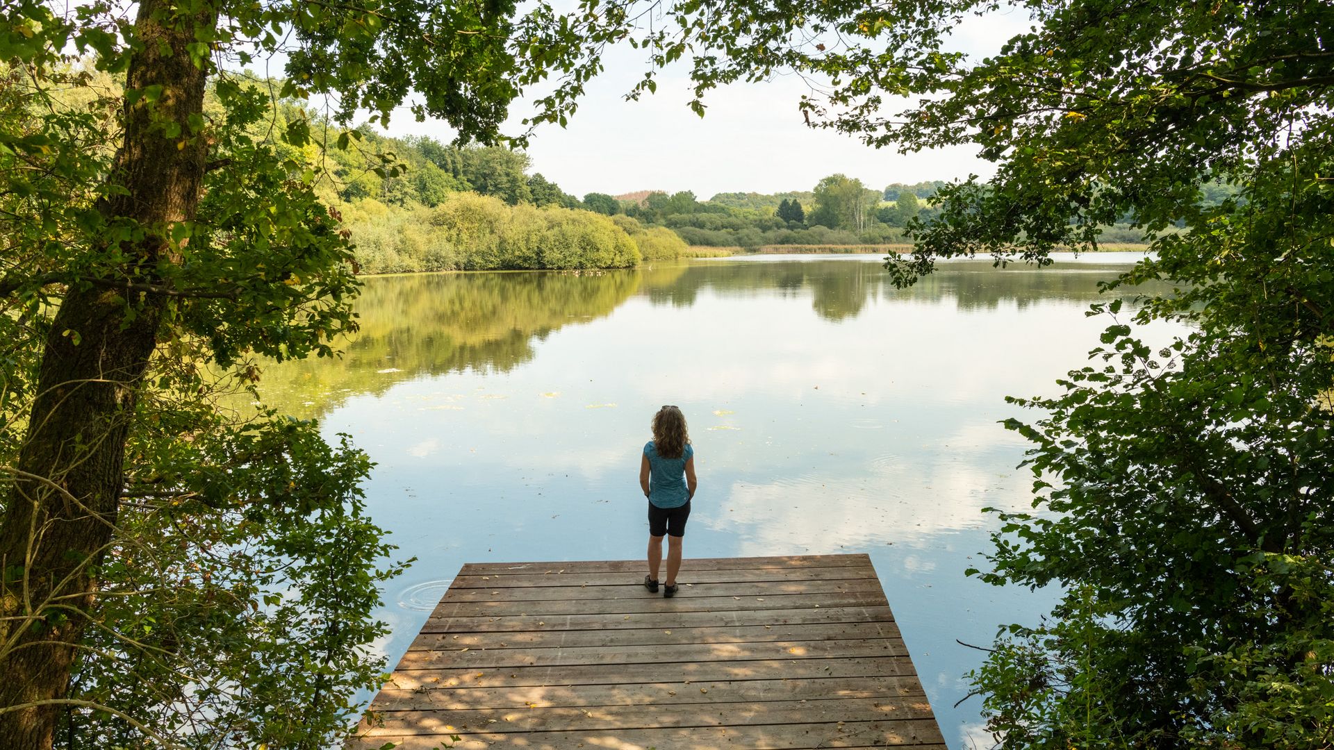 [Translate to Dutch:] Frau schaut von einem Steg auf einen größeren Teich im Wald