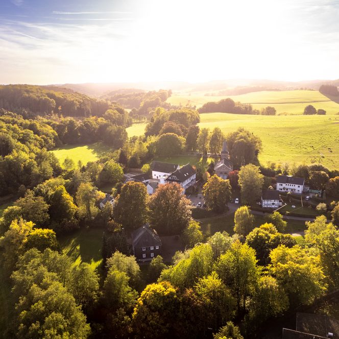 Dorfansicht bei Sonnenuntergang: grüne Wiesen, Wälder und Gebäude, warme, goldene Lichtstimmung.