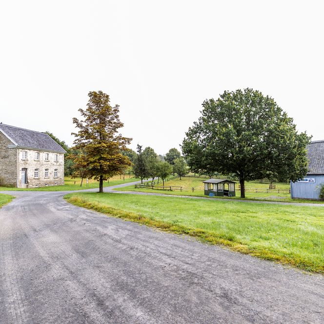Ein ländlicher Weg führt zu einem Steinhaus links und einer Scheune rechts, umgeben von grünen Wiesen.