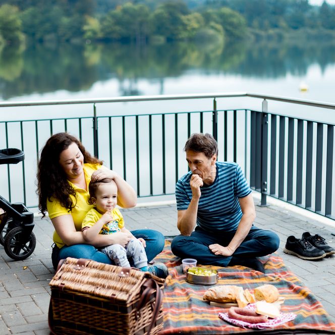 <p>Familienpicknick auf einer Terrasse am See, Eltern mit Baby auf Decke, Kinderwagen im Hintergrund.</p>