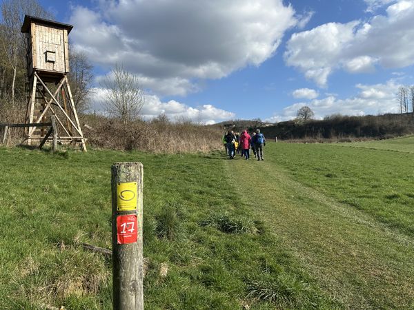 Wandernde passieren auf einer Wiese einen Wegweiser mit gelbem und rotem Markierungszeichen; links steht ein hölzerner Hochsitz.
