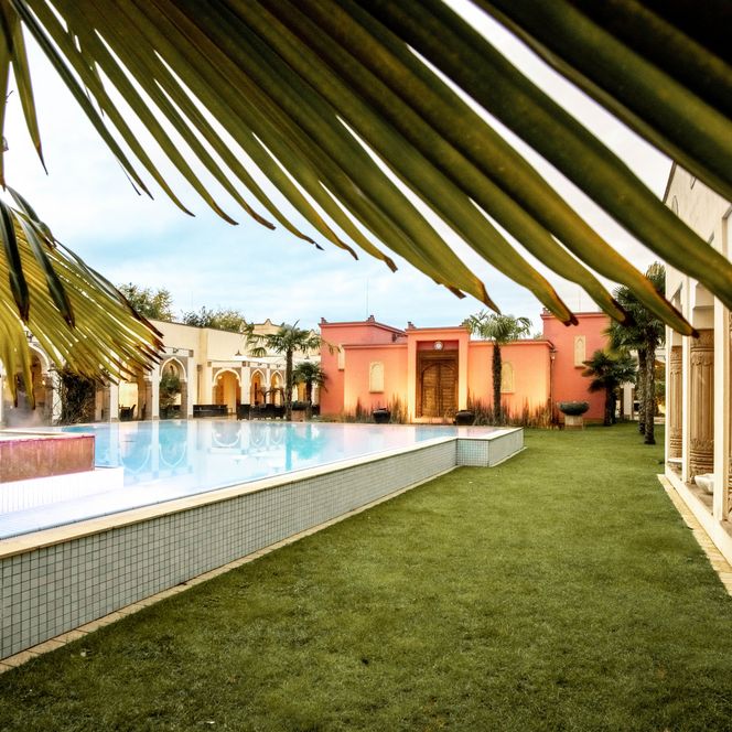 Outdoor-Pool mit Palmenumrandung und klassizistischen Gebäudesäulen in Bergisch Gladbach.