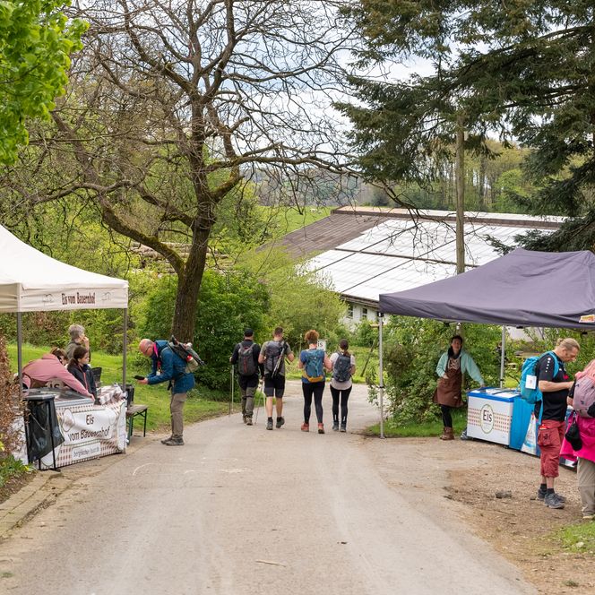 Das Bild zeigt eine kleine Veranstaltung im Freien. Zu sehen sind Menschen, die auf einer schmalen, von Bäumen gesäumten Straße zwischen zwei aufgebauten Pavillons laufen. Der linke Pavillon hat ein helles Dach, während der rechte dunkel ist. Es sind mehrere Personen in lebhaften Gesprächen zu erkennen, einige stehen um die Pavillons herum. Der Hintergrund ist von grüner Vegetation und weiteren Bäumen dominiert, was eine natürliche Atmosphäre erzeugt.