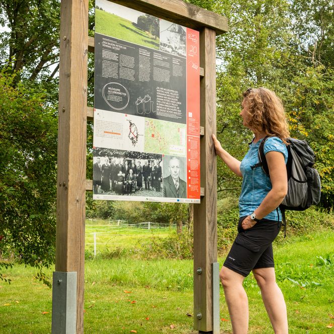 Eine Wanderin liest eine Informationstafel im Grünen. Bäume und Wiese umgeben die Szene.