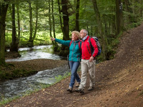 älteres Pärchen in Wanderbekleidung auf Pfad am Bach im Wald