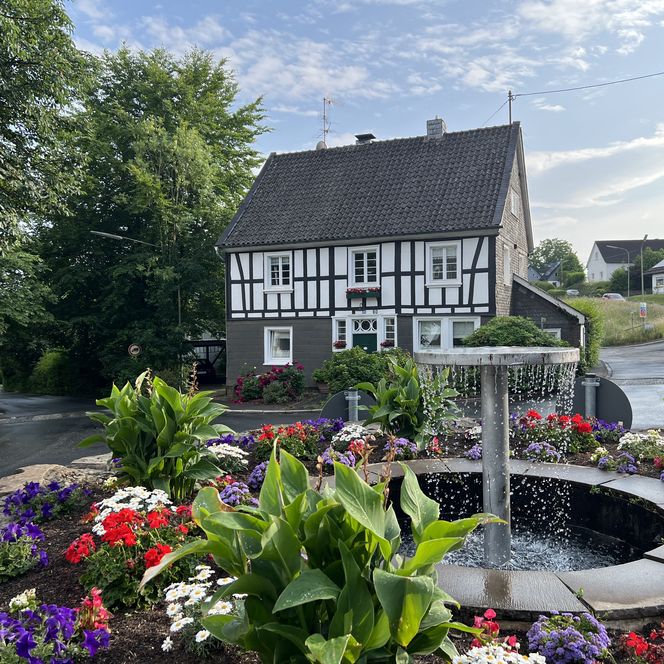 Ein traditionelles Fachwerkhaus mit blühendem Blumenbeet und zentralem Springbrunnen in einer ländlichen Umgebung.