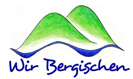 Logo des Vereins IG Wir Bergischen. Gezeichnete grüne Hügel und darunter der blaue Schriftzug Wir Bergischen.