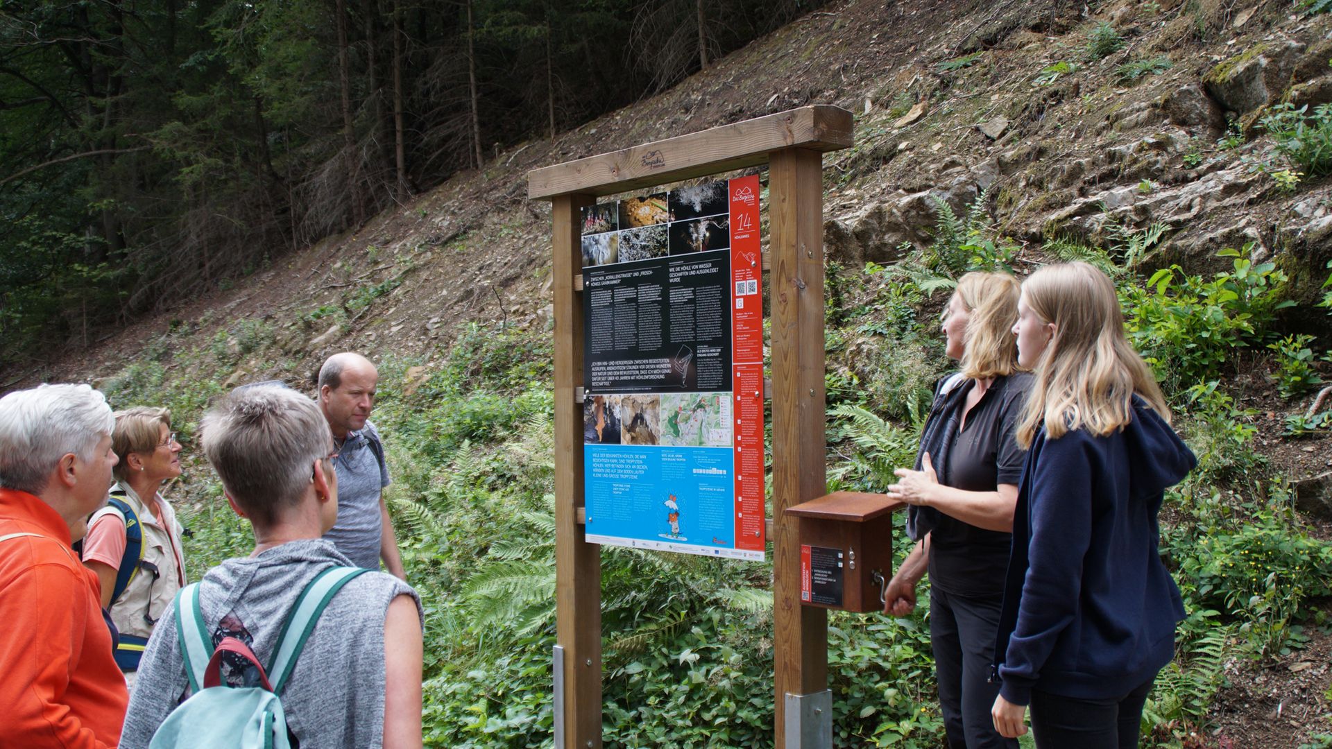 Eine Wandergruppe steht vor einer Infotafel und schauen drauf. Zwei Menschen stehen neben der Tafel und bedienen eine Kurbel an einer Audiostation um diese abzuspielen. 