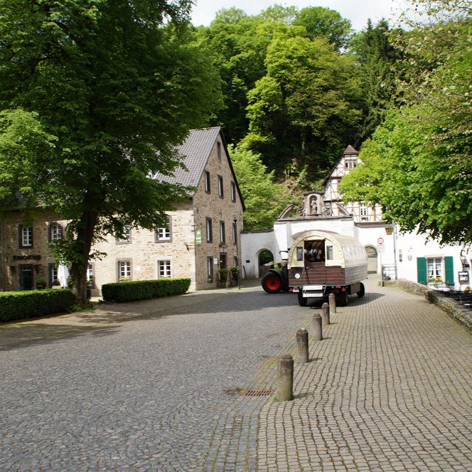 Historische Kopfsteinpflasterstraße in Odenthal mit grünen Bäumen und einer Pferdekutsche im Vordergrund.