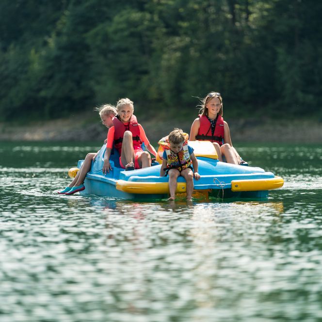 <p>Vier Kinder fahren mit einem Tretboot auf einem ruhigen See, umgeben von Wald, und tragen Schwimmwesten.</p>