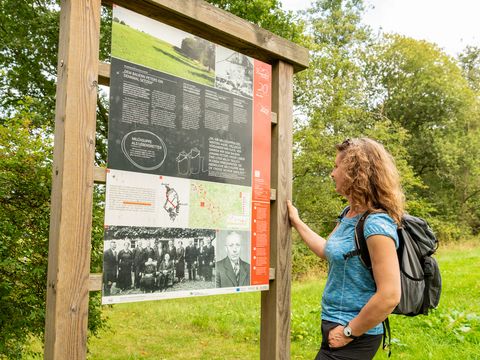 Vor einer Infotafel des Böllweges steht eine Frau mit Wanderrucksach und liest sich die Tafel durch. Hinter der Tafel sind Wiese und Sträucher zu erkennen.