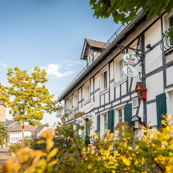 <p>Fachwerkhäuser und eine Baumallee in einem idyllischen Dorf, Kirche im Hintergrund bei Sonnenschein.</p>
