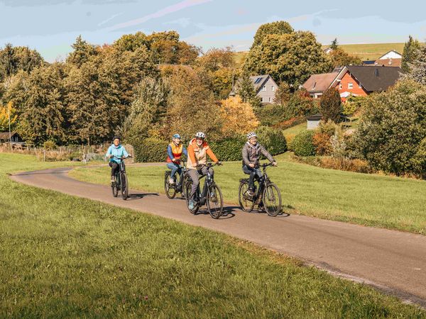 Vier Radfahrer fahren über einen Radweg, der an einer Wiese und einem Wohngebiet vorbeiführt.