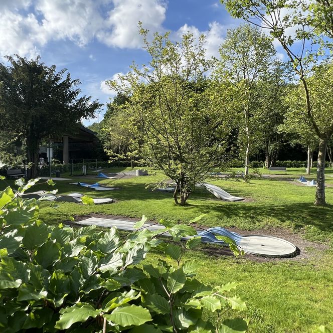 <p>Minigolfplatz in grüner Parklandschaft, umgeben von Bäumen und strahlendem Sonnenschein.</p>