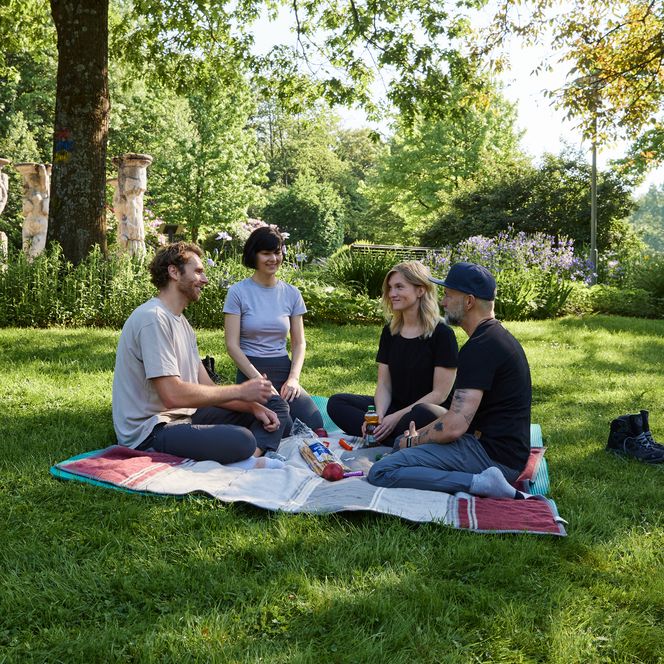 Eine Gruppe von vier Personen sitzt auf einer Picknickdecke in einem grünen Park.