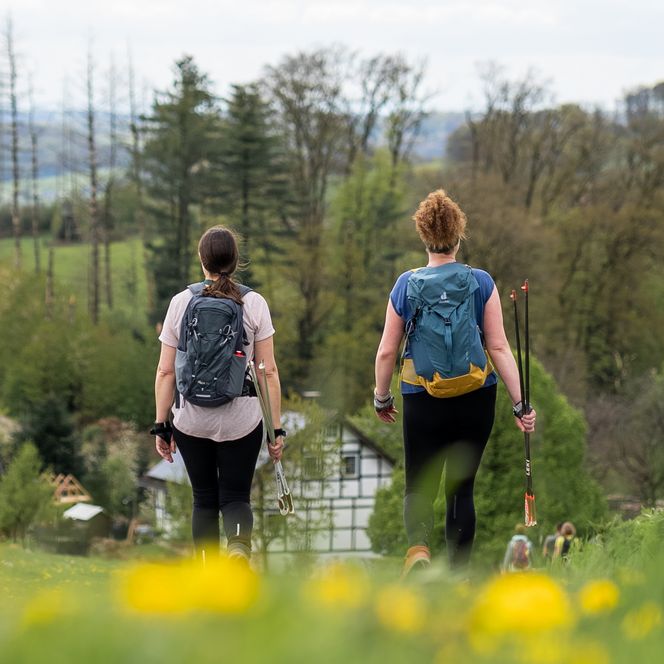 Zwei Wandernde mit Rucksäcken genießen eine Frühlingslandschaft in Wipperfürth.
