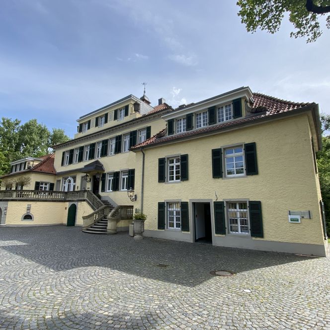 Elegantes, gelbes Herrenhaus mit rotem Dach, umgeben von Bäumen und gepflastertem Hof.