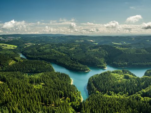 Luftaufnahme einer Talsperre umgeben von grünen Wäldern.