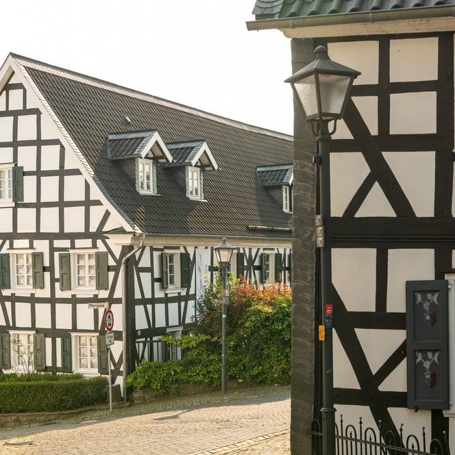 <p>Fachwerkhäuser in sonnigem Dorf Ruppichteroth, mit grünen Akzenten und historischer Architektur.</p>