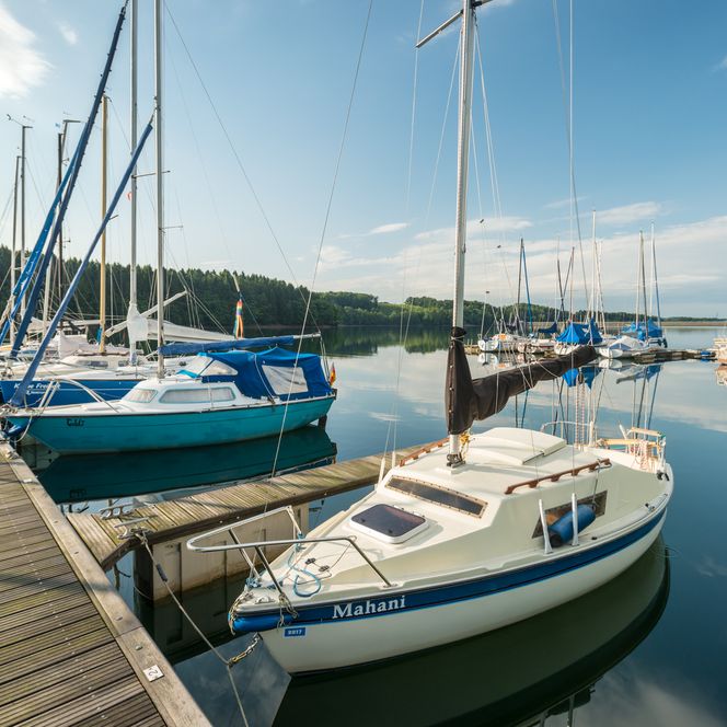 Segelboote liegen im ruhigen Wasser an einem hölzernen Steg, umgeben von grüner Waldlandschaft.