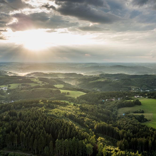 Sonnenuntergang über grüner Waldlandschaft in Reichshof, sanfte Hügel unter wolkigem Himmel.