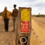 Nahaufnahme eines Holzzauns mit Wanderwegschildern; unscharfe Wanderer im Hintergrund auf einem Pfad.