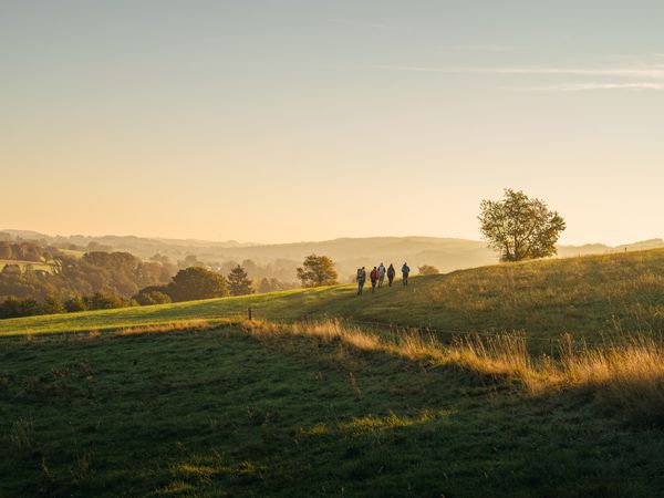 Fünf Menschen wandern im Sonnenaufgang über eine Wiese.