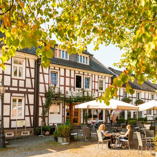 Fachwerkgebäude mit Herbstlaub, Sonnenschirmen und Gästen im Außenbereich. Warme, einladende Atmosphäre.